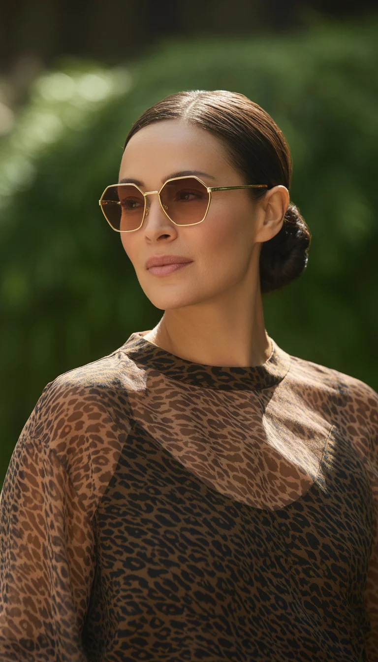 A beautiful 42-year-old woman with dark hair in a bun wearing gold-rimmed hexagonal sunglasses with brown lenses and a sheer brown animal print top.