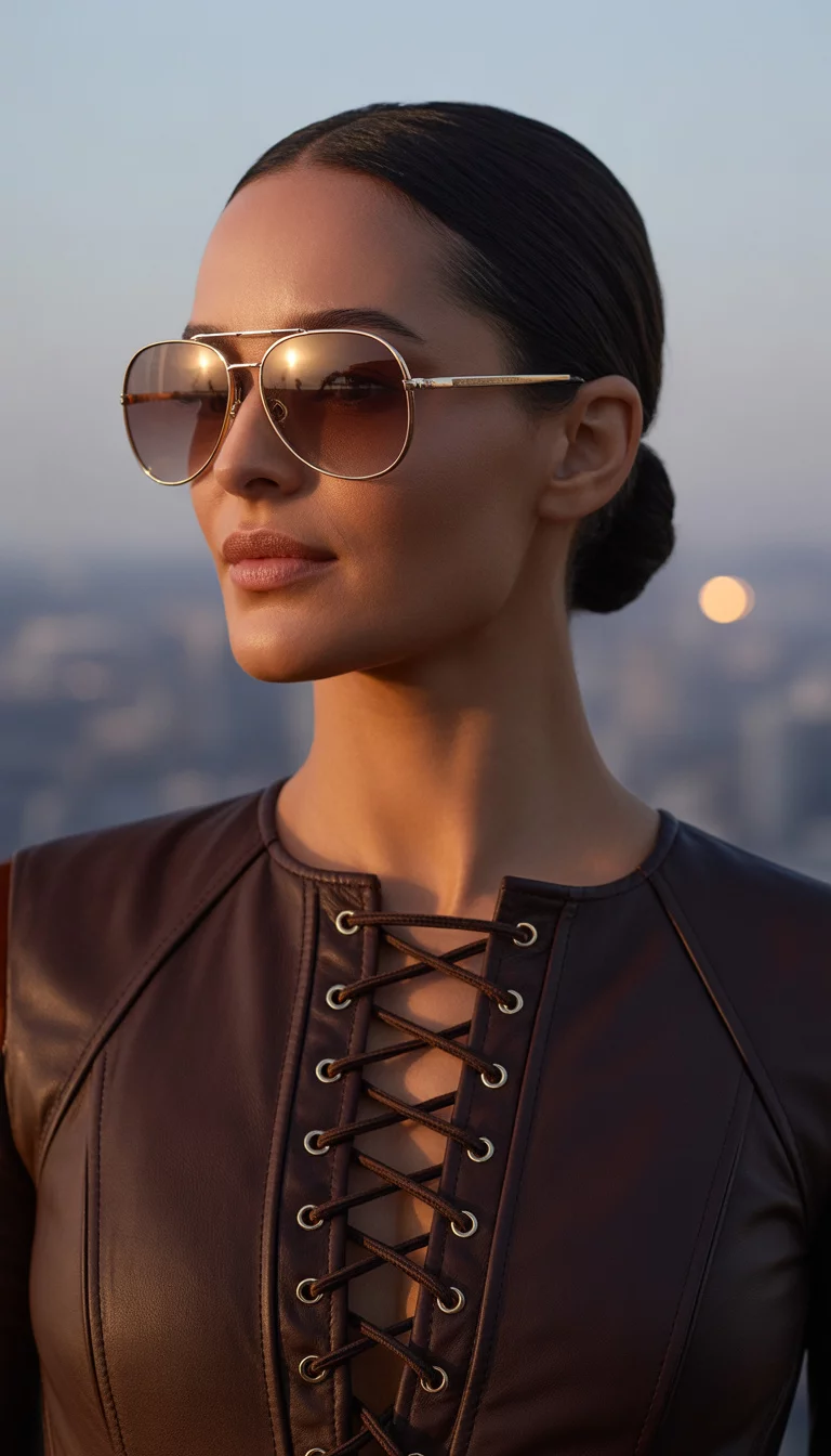 A beautiful 36-year-old woman with dark hair pulled back wearing large gold-framed pilot-style sunglasses with brown gradient lenses and a brown faux-leather lace-up corset top.