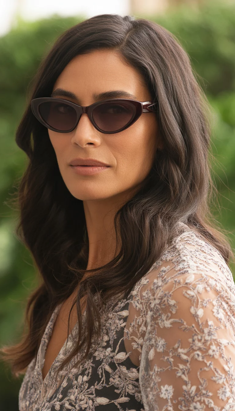 A beautiful 48-year-old woman with long dark brown hair worn down wearing narrow elongated dark burgundy cat-eye sunglasses with a dark gradient lens and a floral mesh top.