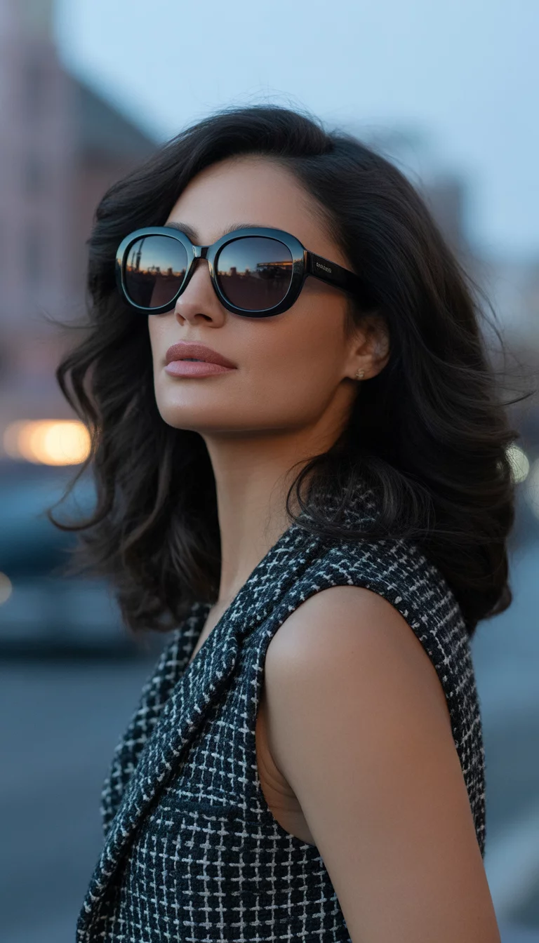 A beautiful 35-year-old woman with dark hair worn down wearing large rounded black plastic framed sunglasses with dark gradient lenses and a black and white tweed sleeveless top.