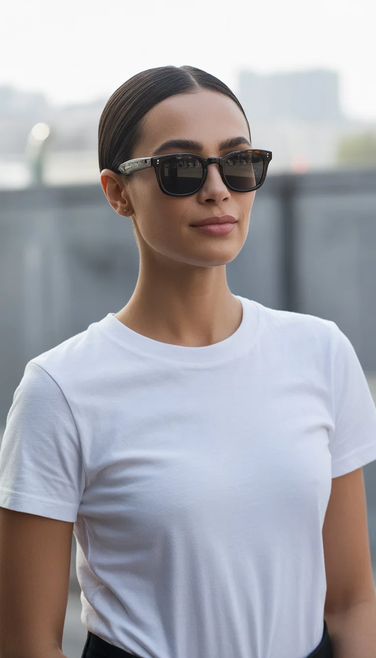 A beautiful 28-year-old woman with dark hair slicked back wearing squared dark brown framed sunglasses with dark lenses and a simple white crew neck t-shirt.
