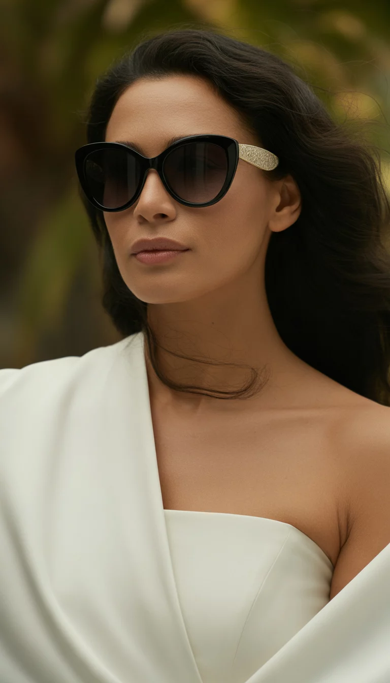 A beautiful 43-year-old woman with dark hair worn down wearing large black elegant cat-eye sunglasses with light gold details and a white strapless garment.