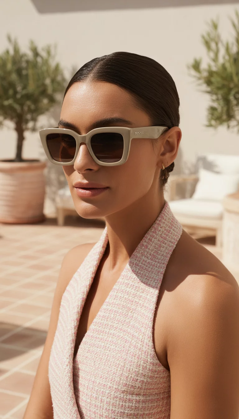 A beautiful 38-year-old woman with dark hair pulled back wearing oversized light beige square sunglasses with dark lenses and a pink and white tweed halter top.