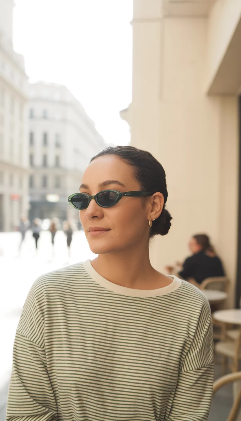 A beautiful 33-year-old woman with dark hair in a bun wearing small dark green oval sunglasses and a green and cream striped crewneck shirt.