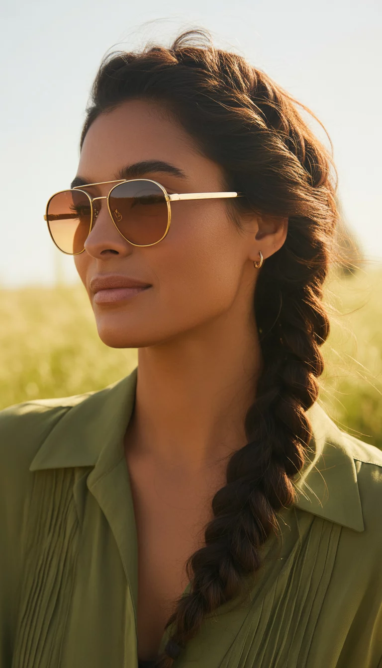 A beautiful 39-year-old woman with dark hair in a braid wearing thin gold-framed aviator-style sunglasses with brown lenses and an olive green collared garment.