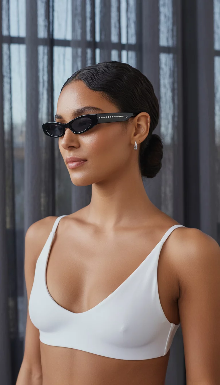 A beautiful 24-year-old woman with dark hair pulled back wearing sleek narrow black cat-eye sunglasses with silver stud details and a white bra top.