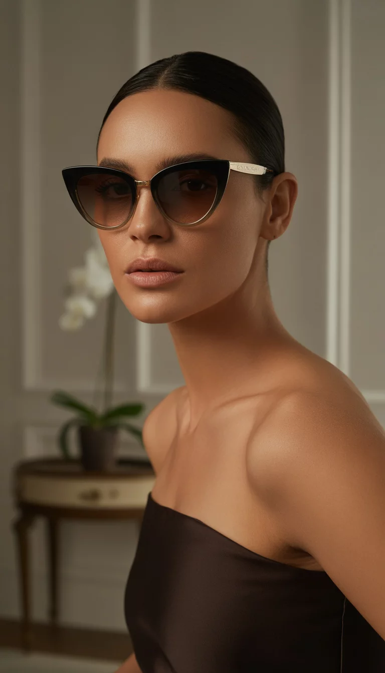 A beautiful 37-year-old woman with dark brown hair worn down wearing dramatic half-rimmed pointed cat-eye sunglasses with brown gradient lenses and a dark brown strapless top.