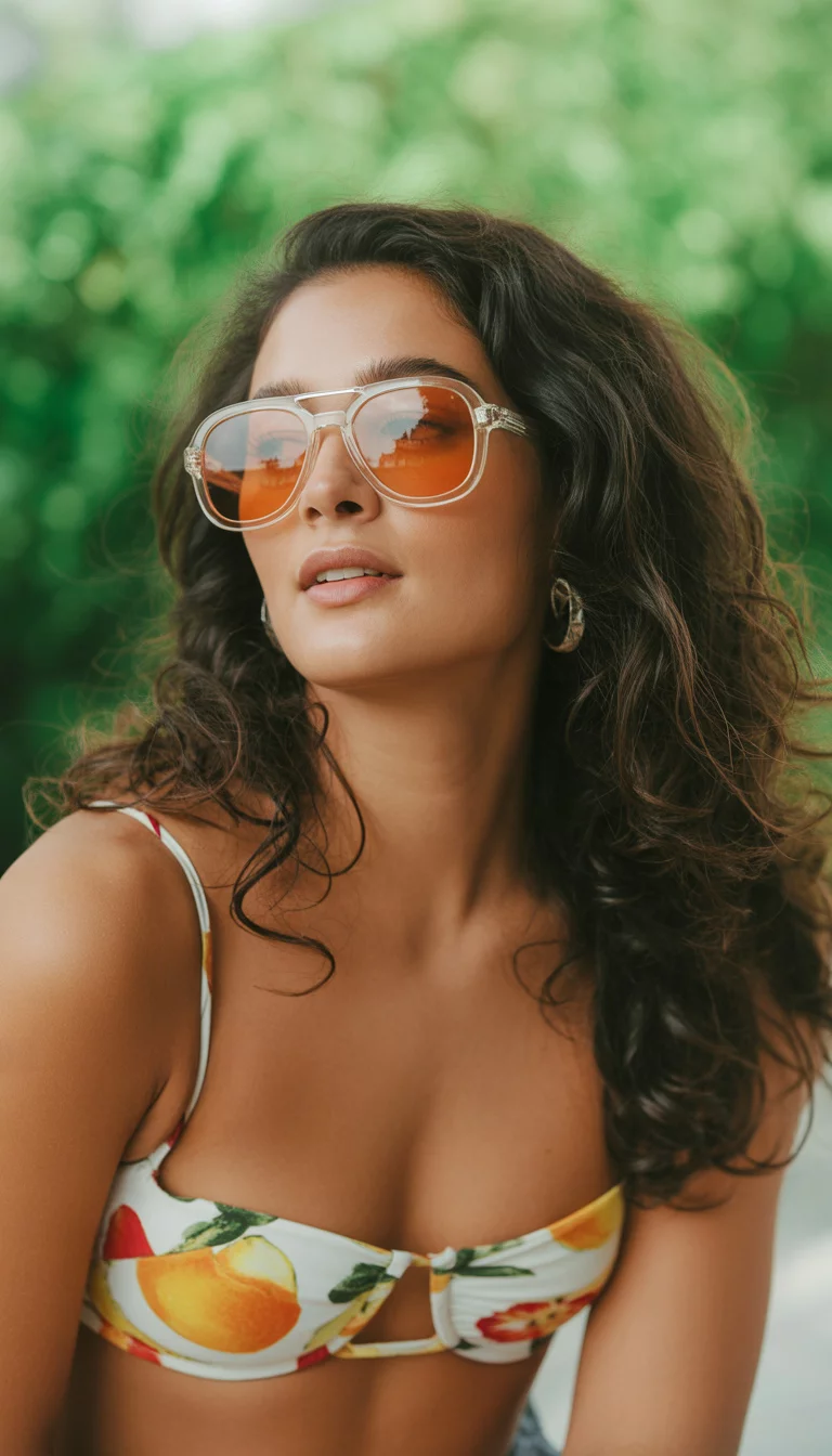 A beautiful 26-year-old woman with long dark hair worn down wearing retro clear-framed aviator sunglasses with warm orange-tinted lenses and a white fruit-print bustier top.