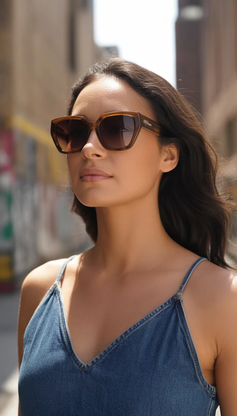 A beautiful 30-year-old woman with dark hair worn down wearing large brown-toned geometric cat-eye sunglasses with dark lenses and a dark wash denim camisole.