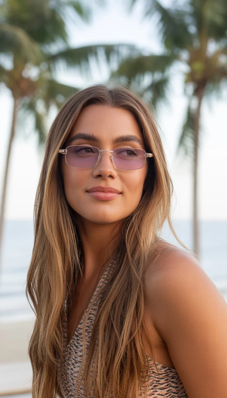 A beautiful 24-year-old woman with long light brown hair worn down wearing small rectangular frameless sunglasses with pinkish-purple gradient lenses and a patterned halter top.
