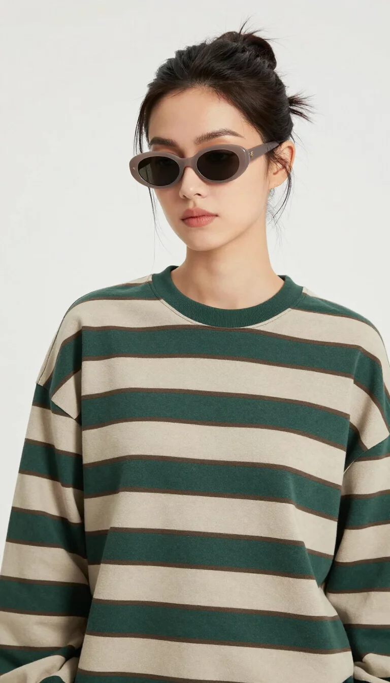 A beautiful 34-year-old woman with dark hair in a bun wearing small oval muted brownish-gray sunglasses and an oversized green and beige striped sweatshirt.