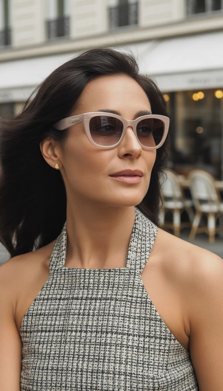 A beautiful 41-year-old woman with dark hair worn down wearing chic light pink-gold framed cat-eye sunglasses with darkened gradient lenses and a tweed halter top.