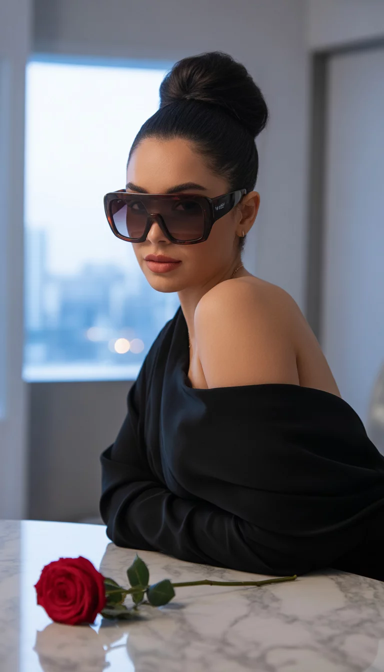 A beautiful 25-year-old woman with dark hair in a high sleek style wearing large dark brown rectangular shield sunglasses and a flowing black off-the-shoulder top.