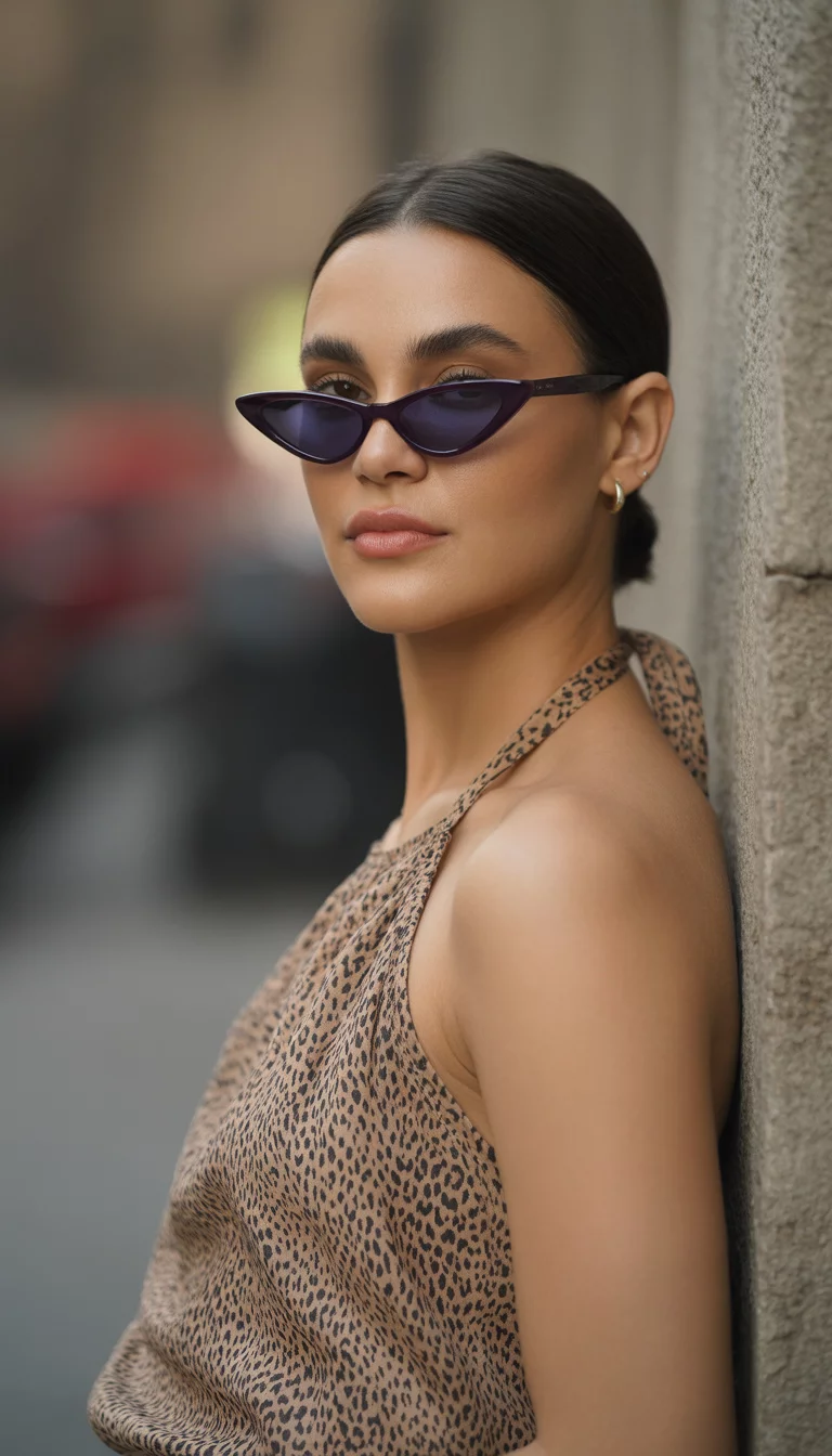 A beautiful 29-year-old woman with dark hair pulled back wearing narrow edgy deep purple slightly cat-eye sunglasses and a beige leopard print halter top.