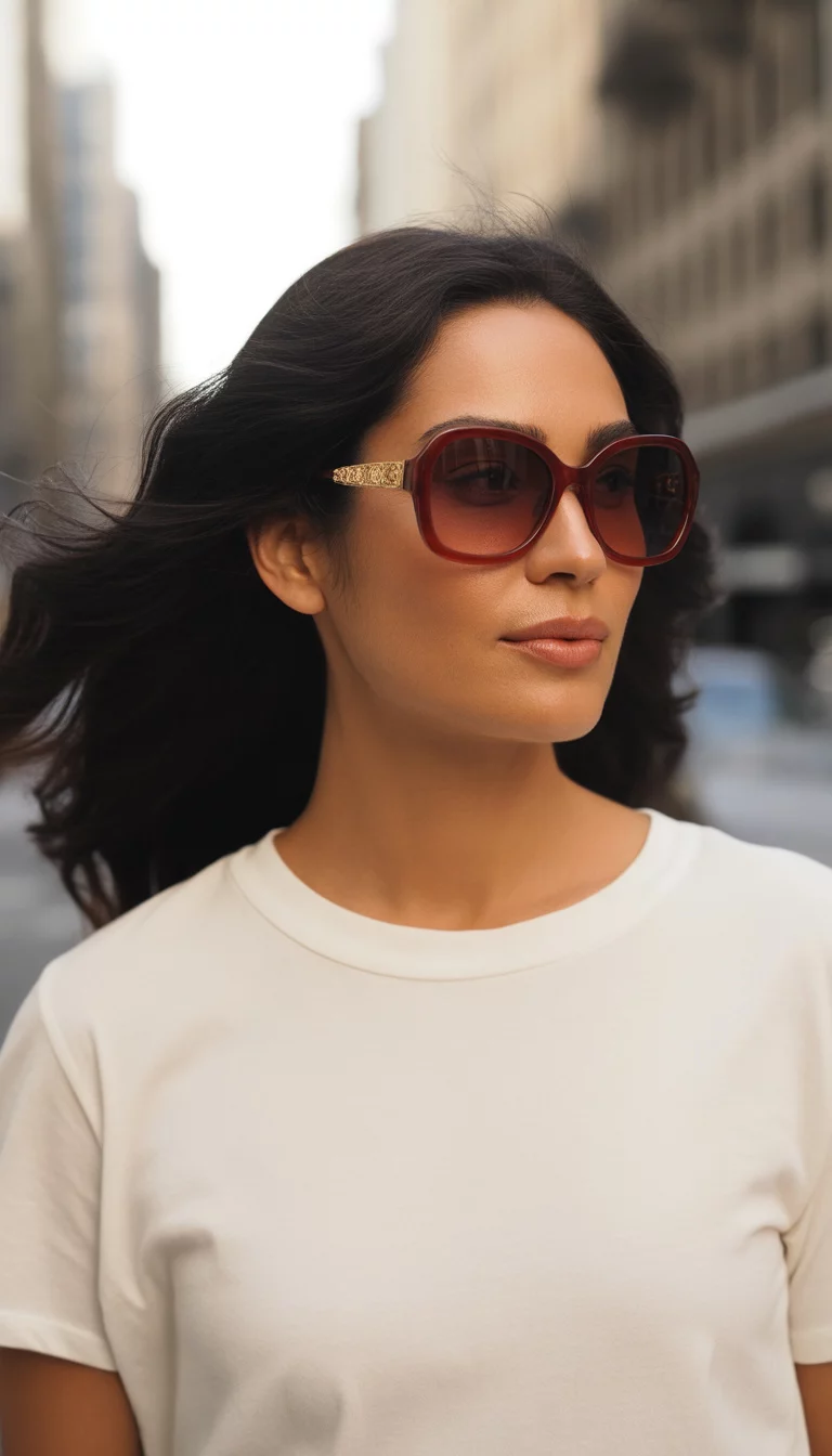 A beautiful 41-year-old woman with dark hair worn down wearing oversized reddish-burgundy framed sunglasses with gold accents and a white crew neck t-shirt.