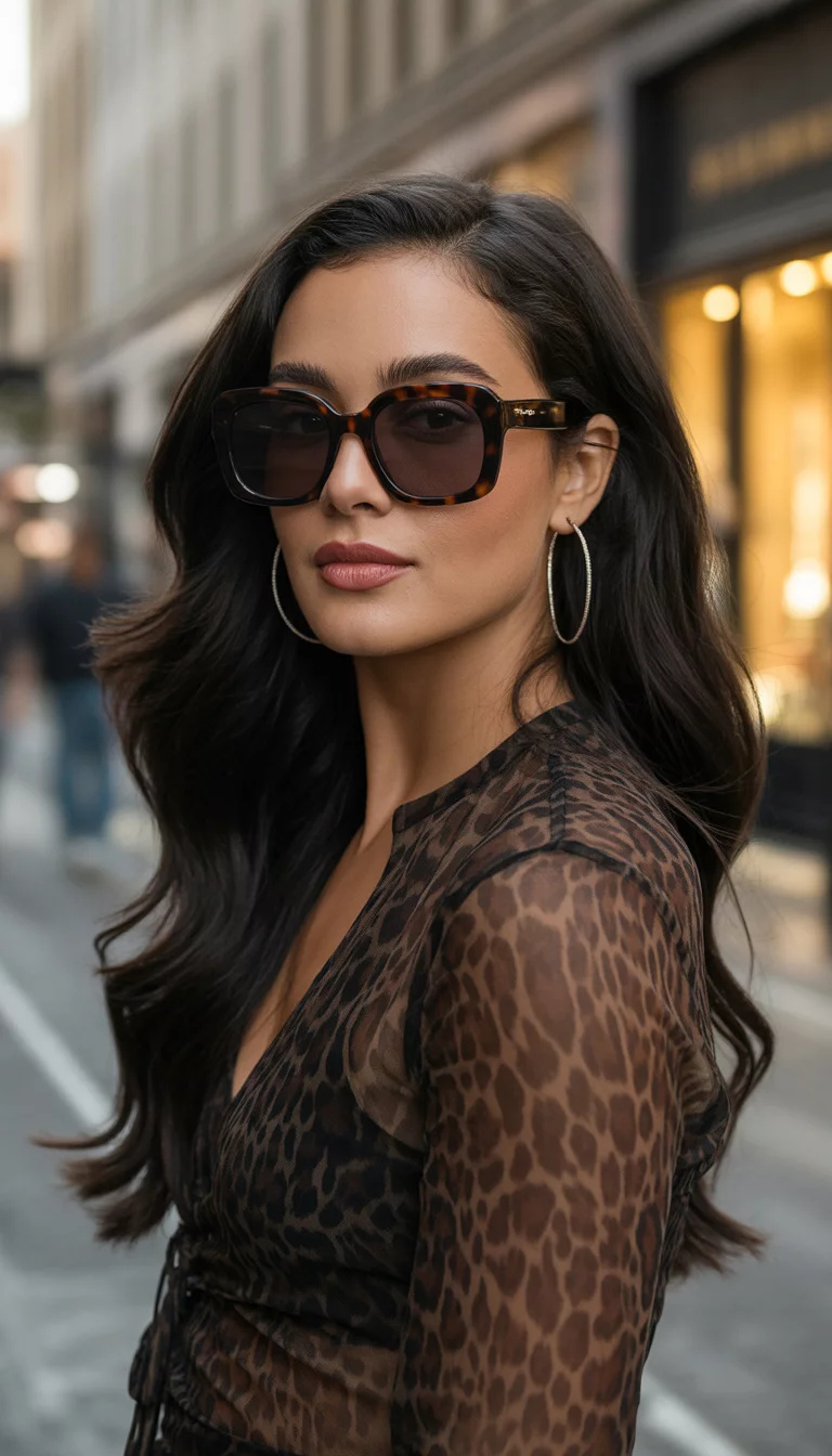 A beautiful 32-year-old woman with long dark hair worn down wearing large dark brown square sunglasses with a thick frame and a sheer brown animal print long-sleeve top.