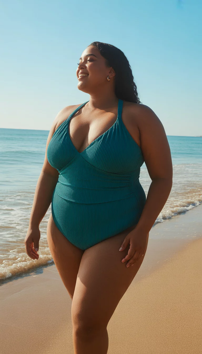 A beautiful plus size woman in a deep teal ribbed one piece swimsuit with prominent ruching, summer beach.