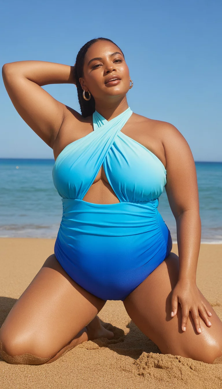 A beautiful plus size woman in a blue ombre one piece swimsuit with a wrapped ruched bust and crisscross halter back, summer beach.