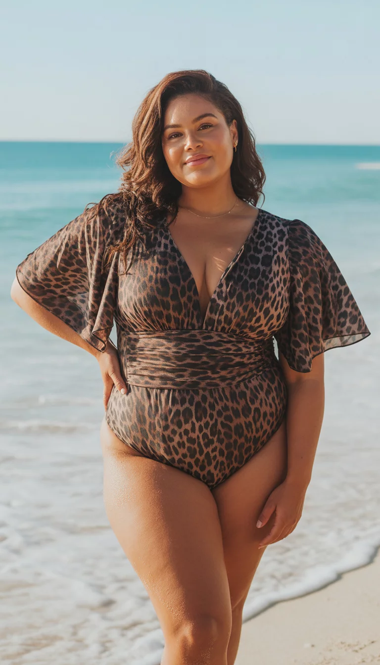 A beautiful plus size woman in a leopard print one piece swimsuit with a fluttery wide sleeved top and a deep V neck, summer beach.