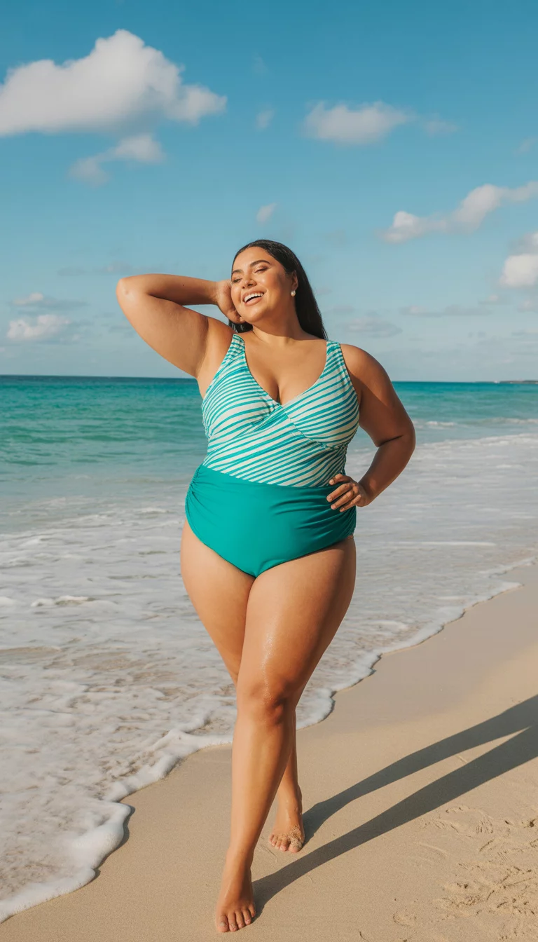 A beautiful plus size woman in a teal and white striped top one piece swimsuit with solid teal ruched bottoms, summer beach.