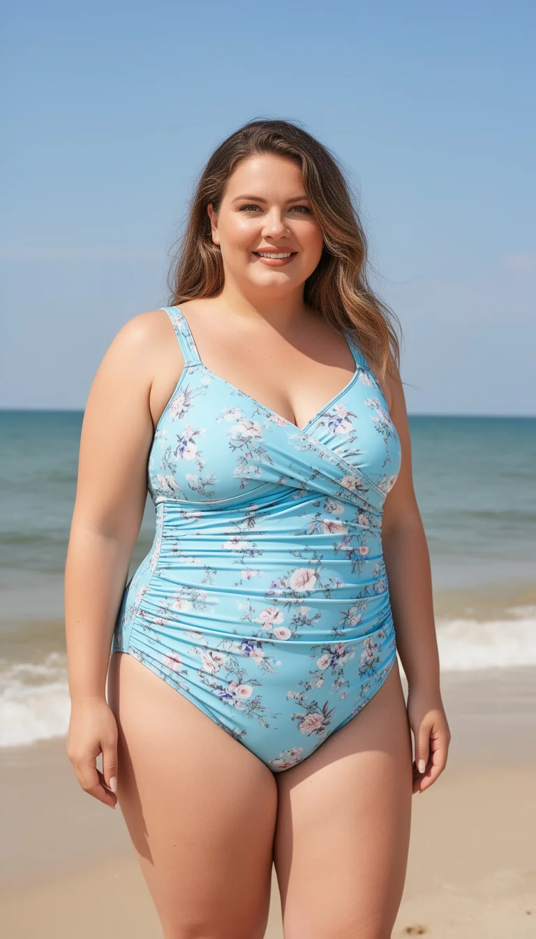 A beautiful plus size woman in a light blue floral print one piece swimsuit with a crossover bustline and ruching, summer beach.