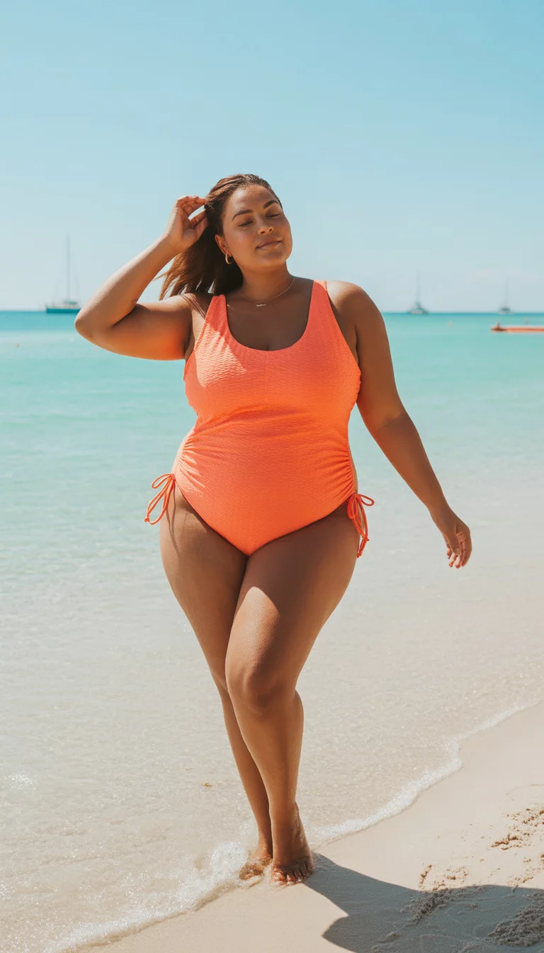 A beautiful plus size woman in a bright coral orange textured one piece swimsuit with adjustable side ruching ties, summer beach.