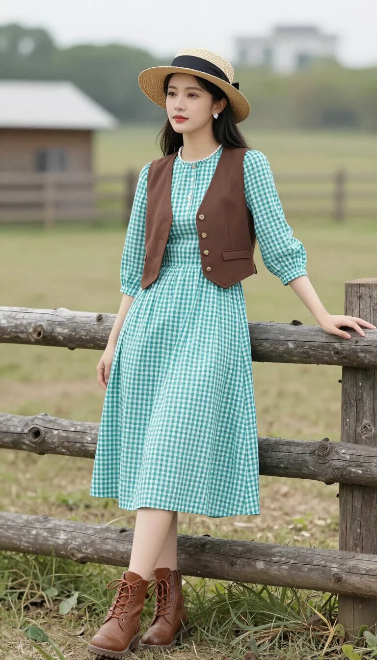 A beautiful woman in a teal gingham dress, brown vest, straw hat with a black ribbon, and brown lace up boots, she stands leaning against a rustic fence at a farm.