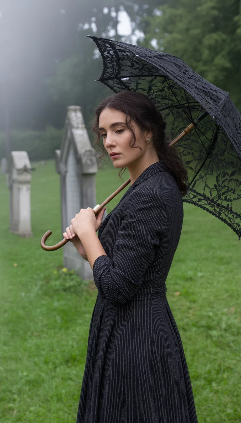A beautiful woman in a black and white pinstripe dress, holding a black lace parasol, she poses in a grassy graveyard setting with stone headstones visible behind her.