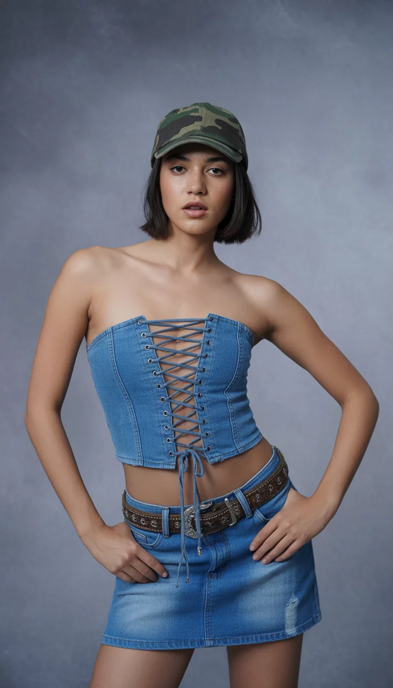 A beautiful woman in a blue lace-up denim bustier top, short denim skirt, western belt, and camouflage baseball cap, she poses against a gray studio background.