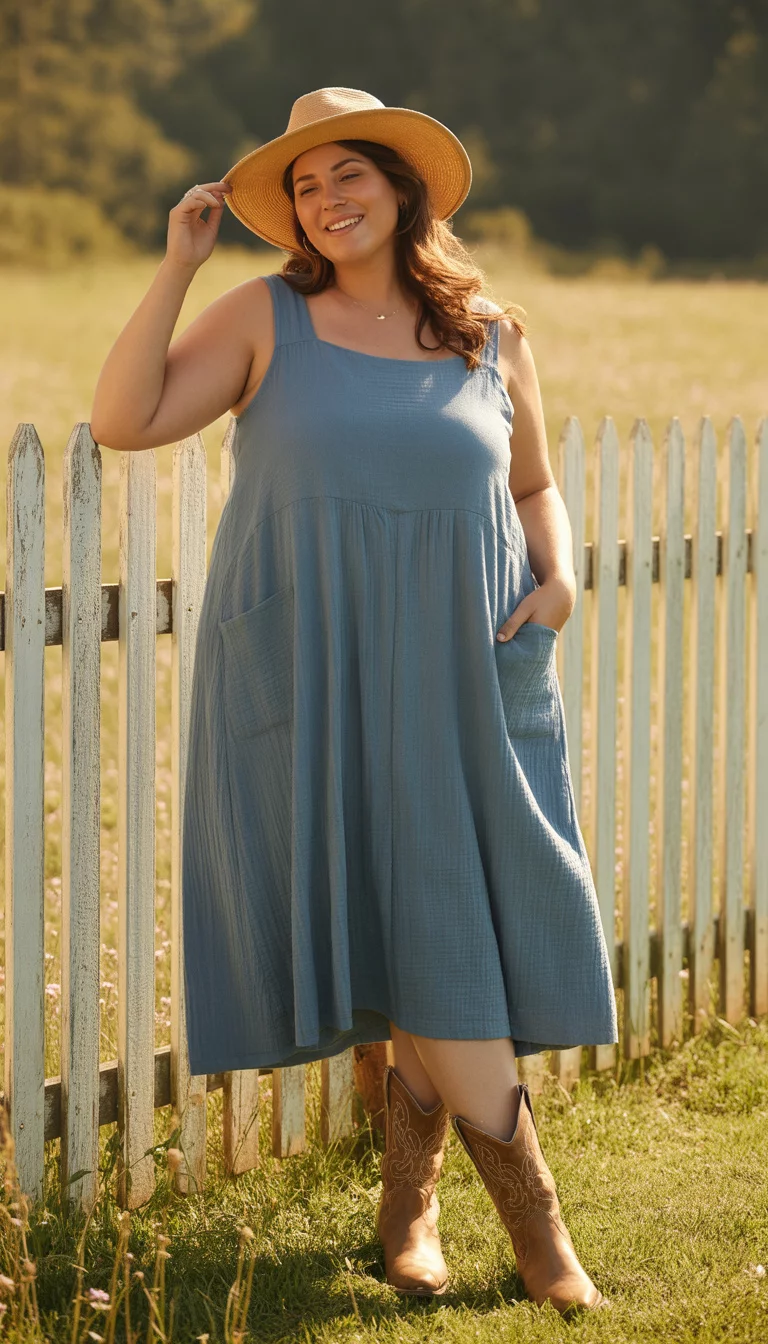 A beautiful plus-size woman in a loose-fitting dusty blue midi-length sundress with pockets, brown cowboy boots, and a straw hat, she stands outdoors near a white fence.