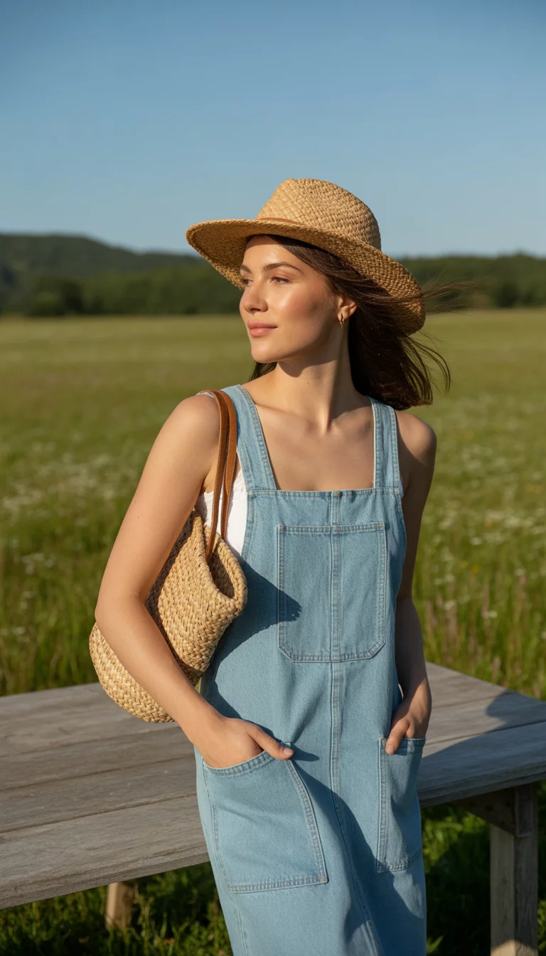 A beautiful woman in a light wash denim overall dress with large front pockets, a woven straw bag, and a wide-brim straw hat, she stands near a rustic table.