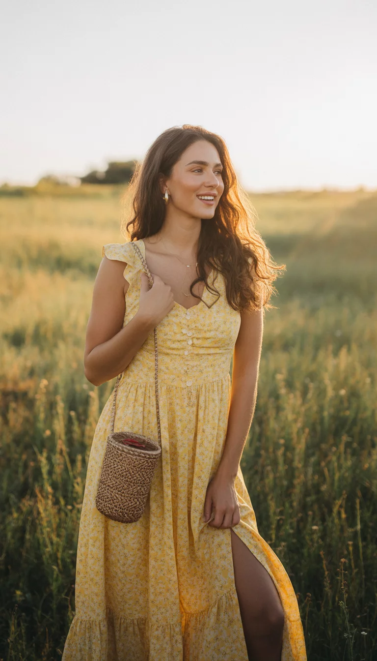 A beautiful 29-year-old woman in a yellow floral print maxi dress featuring ruffles and a thigh-high slit, holding a small decorative bag.