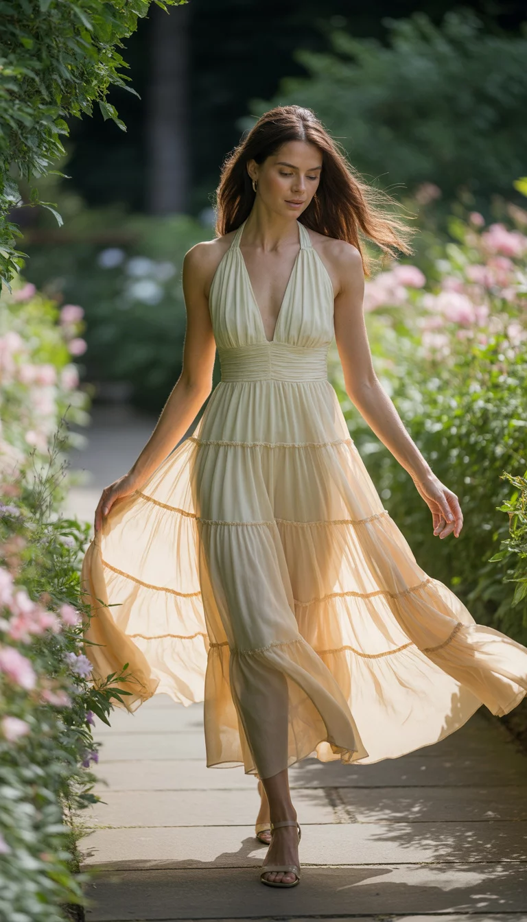 A beautiful 33-year-old woman in a flowing sheer pale yellow multi-tiered dress with a halter neckline, walking through an outdoor garden.