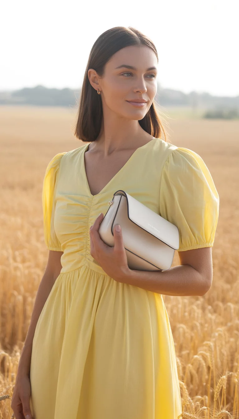 A beautiful 36-year-old woman in a yellow midi dress with delicate ruching on the bodice and puffed sleeves, holding a white wristlet bag.