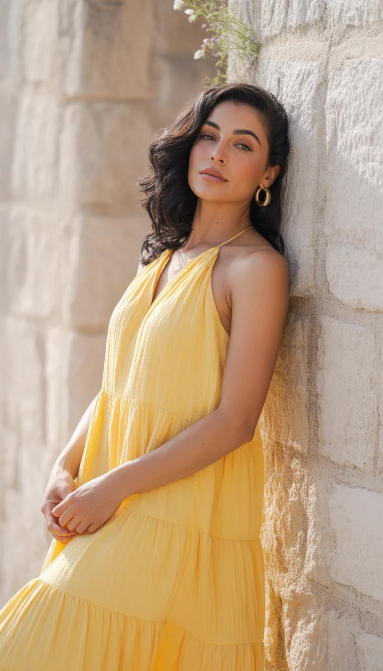 A beautiful 31-year-old woman in a tiered halter-neck yellow chiffon maxi dress with cascading ruffles, standing inside against a textured stone wall.