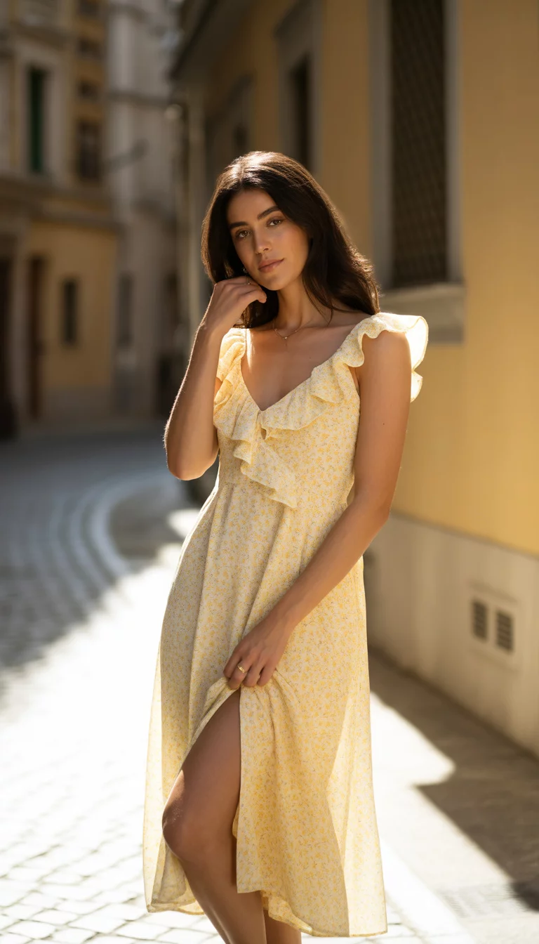 A beautiful 22-year-old woman in a yellow floral print midi dress with delicate ruffles and a high slit, standing in a sunlit European-style alleyway.