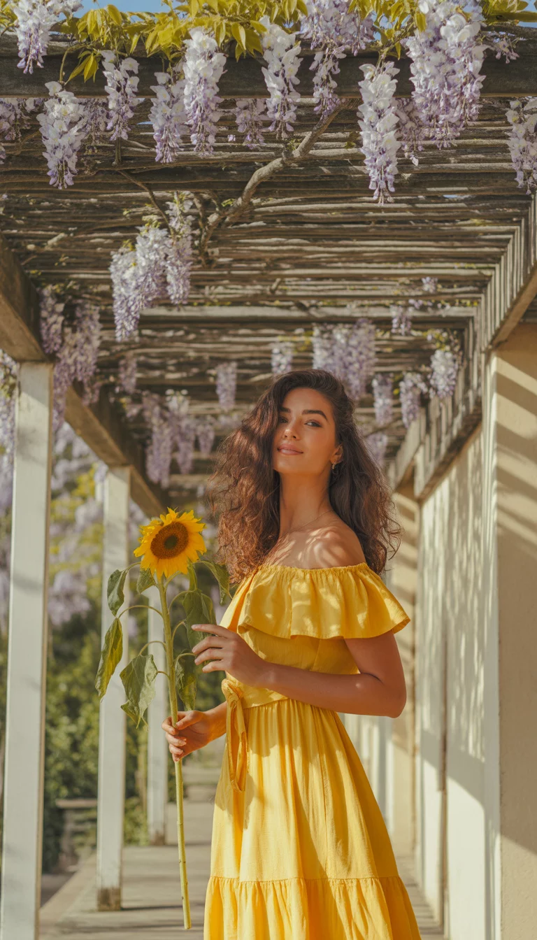 A beautiful 26-year-old woman in a bright off-the-shoulder yellow maxi dress with a ruffled bodice and tie waist, standing under a thatched pergola.
