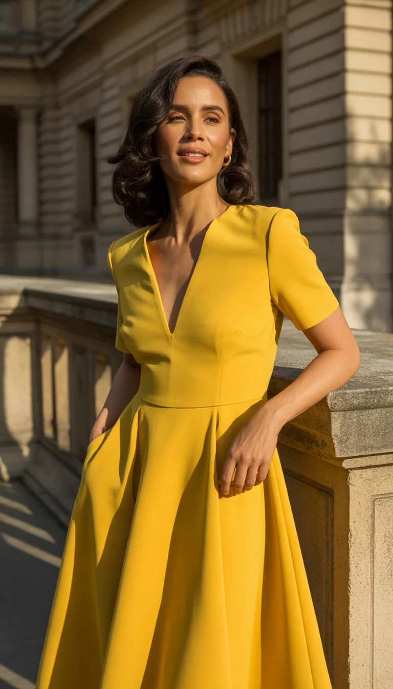 A beautiful 45-year-old woman in a vibrant structured yellow midi dress with a deep V-neck and short sleeves, posing outside a building with classical stone architecture.
