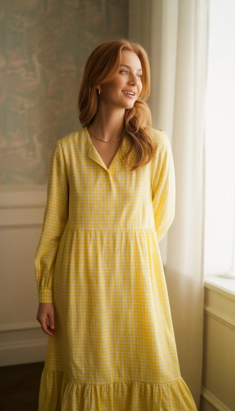 A beautiful 25-year-old woman in a long yellow and white gingham dress with a tiered ruffle hem, standing indoors in a bright room.
