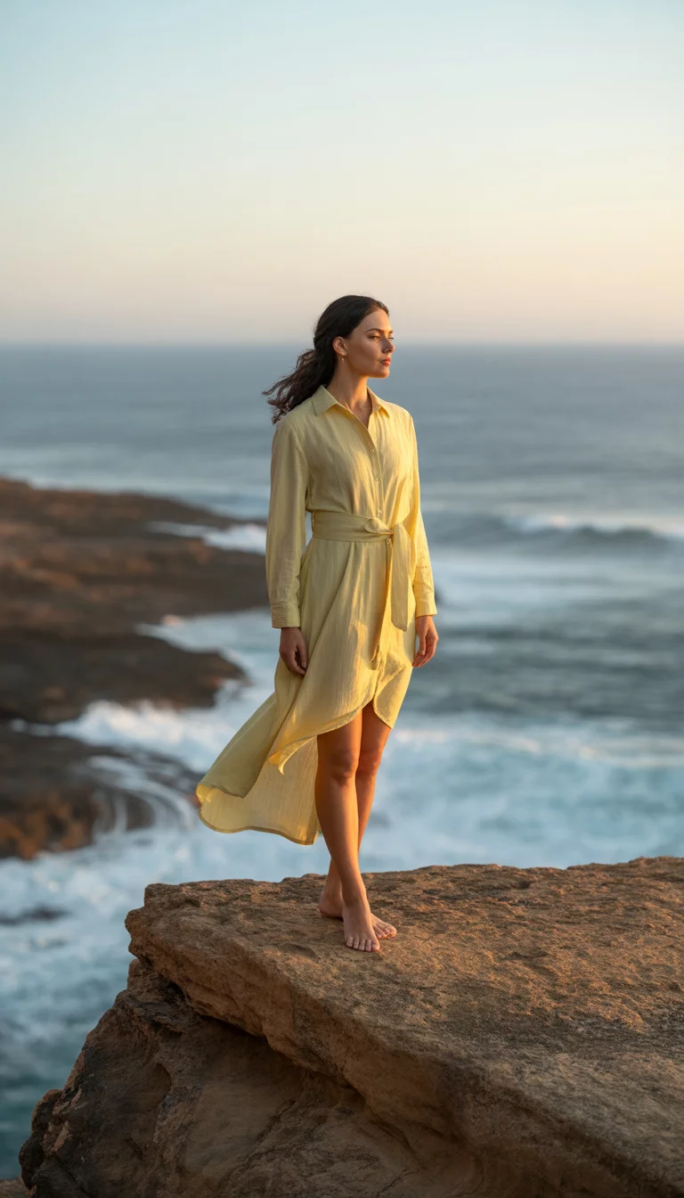 A beautiful 30-year-old woman in a long-sleeved collared yellow shirt dress with a self-tie belt, standing on a rocky outcrop overlooking the ocean.