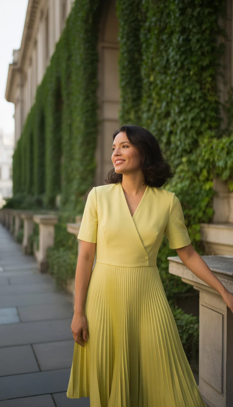 A beautiful 38-year-old woman in a tailored bright yellow midi dress with short sleeves and a pleated A-line skirt, standing on a stone sidewalk near a grand building.