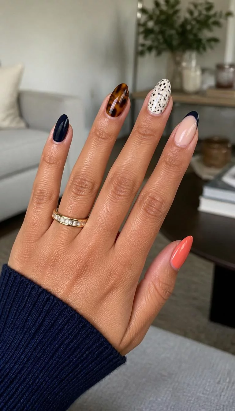 Mixed Navy and Tortoise A photorealistic close-up shot of a woman's tan skin tone hand with five fingers, showcasing almond nails medium-length nails featuring a diverse range of designs including navy, tortoise shell, speckled, and coral, living room background