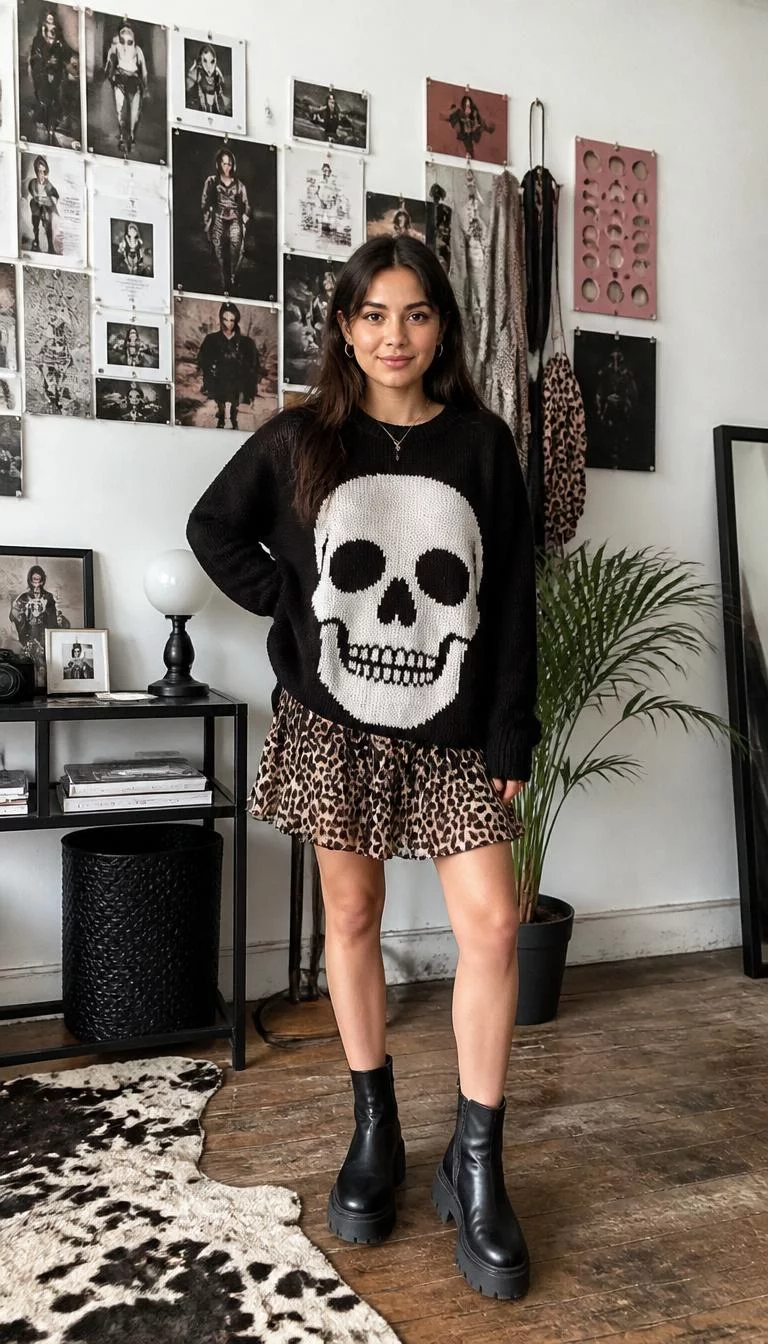 Skulls and Leopard Prints Mood Board A photorealistic full body shot of a 31-year-old South Asian woman with a oval face, golden brown, rounded nose, thick natural eyebrows, and thin lips. Her face features uneven eyebrows, subtle acne marks, and subtle natural facial asymmetry. She has deep-set amber eyes, pronounced cheekbones, subtle smile, confident. She is petite with dark brown hair and is wearing a skull sweater, leopard print dress, and black boots, mood board interior background, everyday social media post aesthetic, high-quality mobile photography, shot on an iPhone 14.