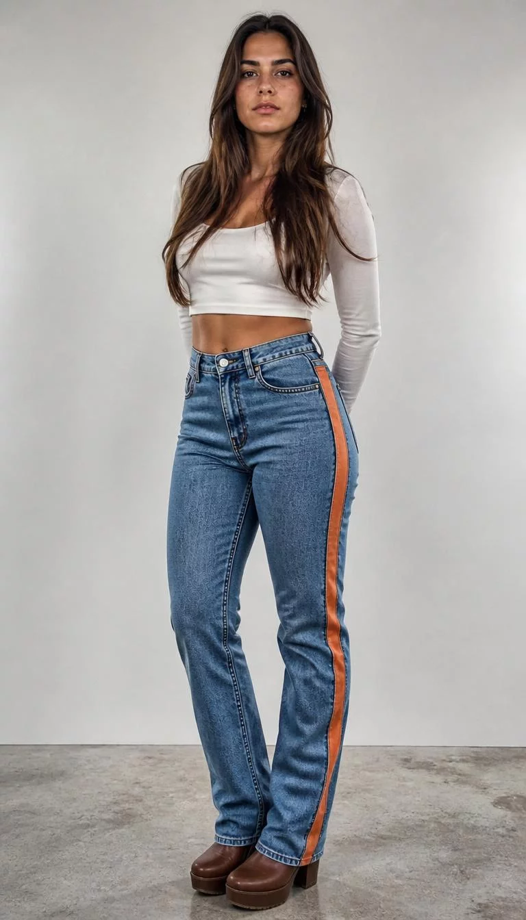 White Long Sleeve Crop Top and High Waisted Jeans A photorealistic full body shot of a 27-year-old Southern European woman with a heart-shaped face, dark brown, broad nose, feathered eyebrows, and wide lips. Her face features beauty mark near the lip, visible pores, and subtle natural facial asymmetry. She has downturned gray eyes, high cheekbones, neutral expression, confident. She is average build with long brown hair and is wearing a white long-sleeve crop top, high-waisted jeans with an orange stripe, and brown platform boots, neutral studio background, everyday social media post aesthetic, high-quality mobile photography, shot on an iPhone 14.