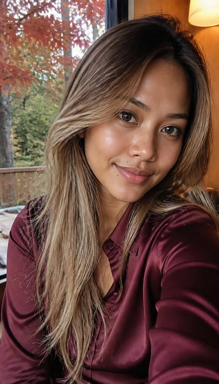 Silvery Ash Overlay selfie of a 26-year-old Southeast Asian woman with a diamond face, deep brown, upturned nose, feathered eyebrows, and wide lips. Her face features beauty mark near the lip, a few laugh lines, and subtle natural facial asymmetry. She has round gray eyes, soft cheekbones, subtle smile, thoughtful. She is petite and is wearing a burgundy silk blouse with cool ash blonde over light brown long hair, warm indoor lighting, fall outdoor background