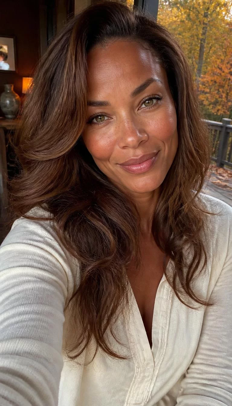 Honeyed Chestnut Glow selfie of a 44-year-old Afro-Caribbean woman with a heart-shaped face, dark brown, rounded nose, feathered eyebrows, and heart-shaped lips. Her face features faint freckles across the nose, slightly flushed cheeks, and subtle natural facial asymmetry. She has deep-set hazel eyes, pronounced cheekbones, subtle smile, confident. She is athletic and is wearing a cream tunic top with warm chestnut brown long voluminous hair, warm indoor lighting, fall outdoor background
