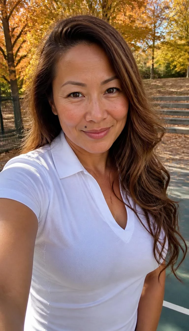 Cozy Maple Glaze selfie of a 41-year-old East Asian woman with a oblong face, tan, straight nose, straight eyebrows, and wide lips. Her face features beauty mark near the lip, a few laugh lines, and subtle natural facial asymmetry. She has almond-shaped amber eyes, pronounced cheekbones, subtle smile, playful. She is curvy and is wearing a white tennis polo with warm maple syrup brown long wavy hair, bright natural daylight, fall outdoor background