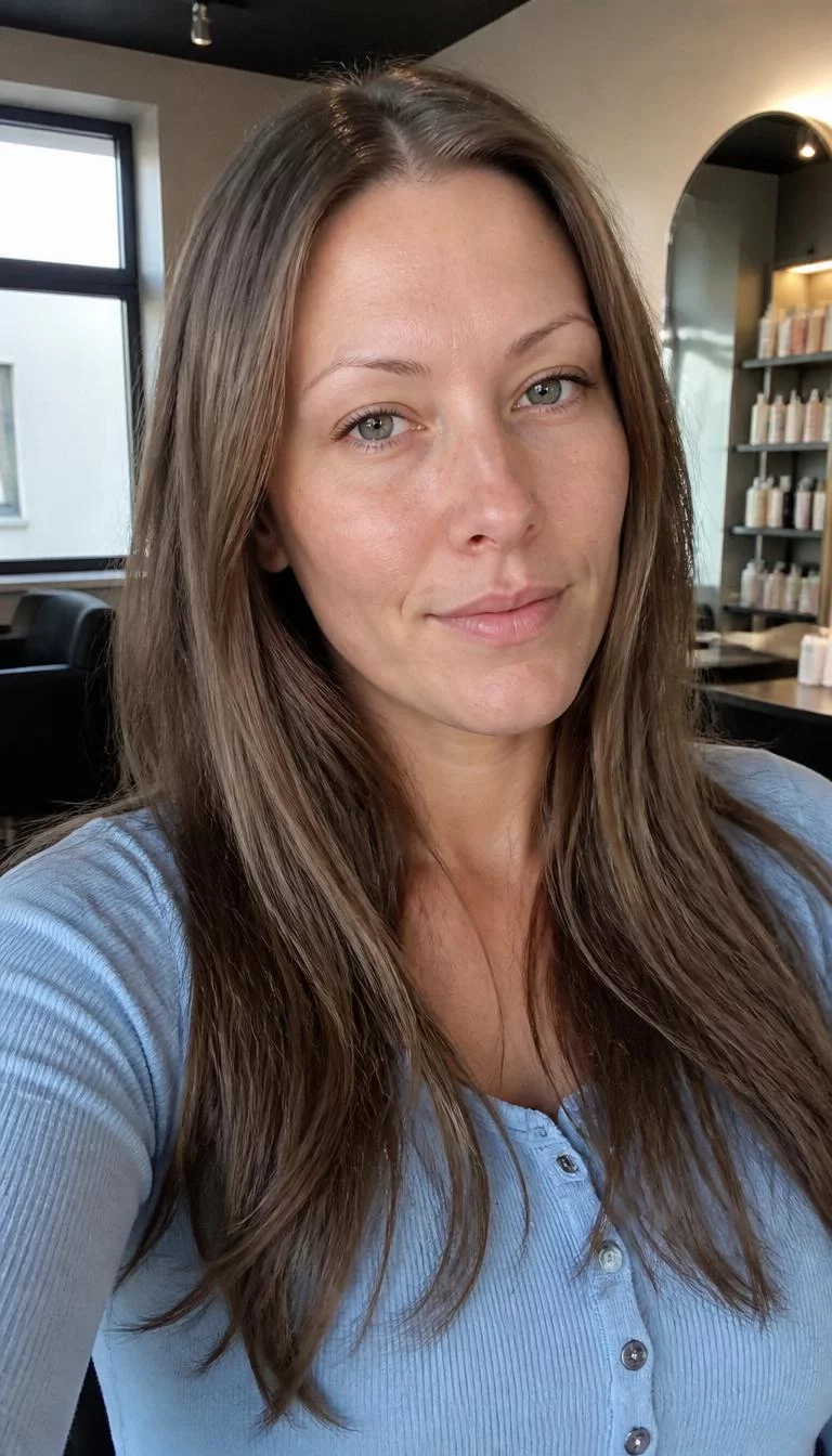 selfie of a 32-year-old Northern European woman with a oblong face, light, broad nose, thin arched eyebrows, and thin lips. Her face features faint freckles across the nose, subtle acne marks, and subtle natural facial asymmetry. She has hooded gray eyes, rounded cheeks, subtle smile, thoughtful. She is athletic and is wearing a baby blue henley shirt with cool-toned ash brown long sleek hair, soft window light, hair salon