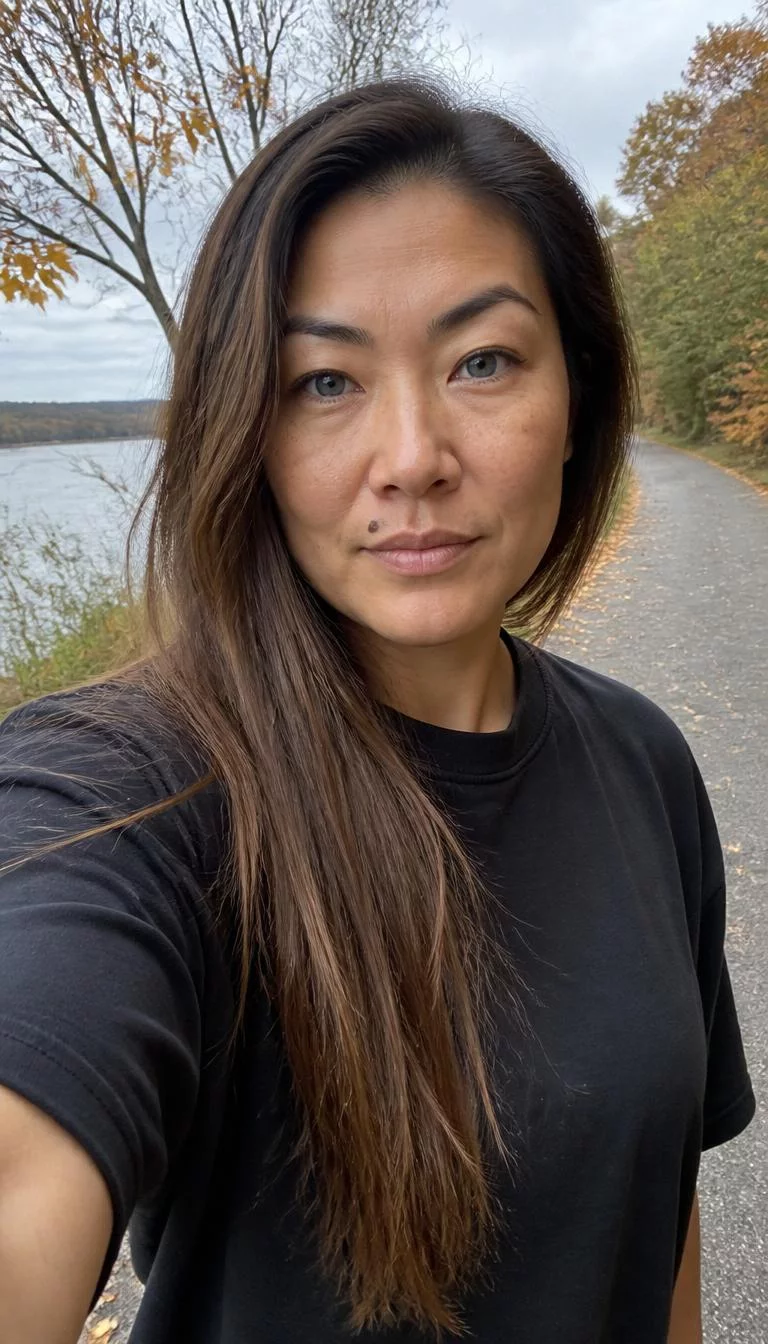 Tawny Birch Streaks selfie of a 43-year-old East Asian woman with a diamond face, dark brown, broad nose, thick natural eyebrows, and thin lips. Her face features beauty mark near the lip, light freckles, and subtle natural facial asymmetry. She has hooded blue eyes, high cheekbones, neutral expression, cheerful. She is athletic and is wearing a black oversized t-shirt with medium tawny brown long straight hair, overcast daylight, fall outdoor background