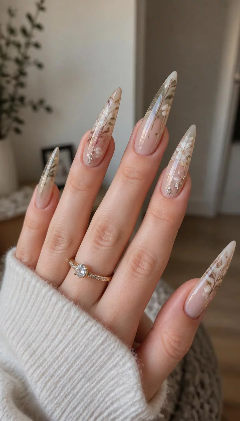 Earthy Goddess Almonds A photorealistic close-up shot of a woman's light skin tone hand with five fingers, showcasing almond-shaped extrêmement long nails featuring a subtle, earthy toned design with floral accents and sparkling gems, indoor background